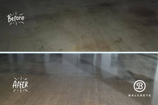 Polished concrete warehouse floor before and after